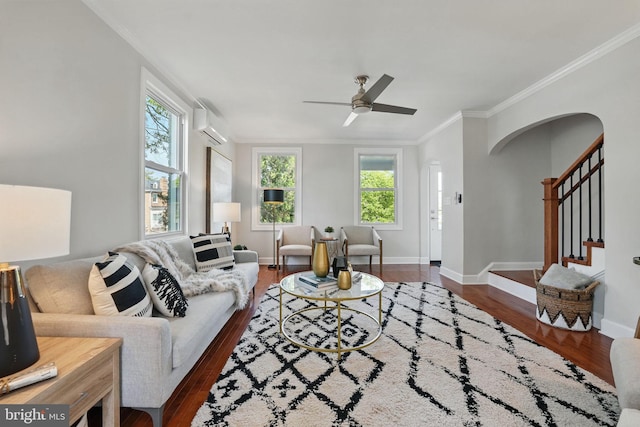 living area featuring ornamental molding, a wall mounted AC, ceiling fan, and wood finished floors