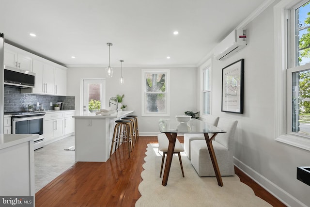 kitchen featuring stainless steel appliances, a wall unit AC, wood finished floors, and plenty of natural light