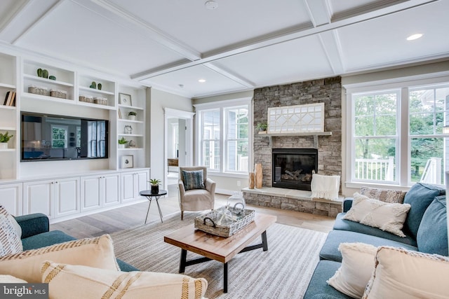3919 Pineland St, Fairfax, VA 22031 - living area featuring beam ceiling, coffered ceiling, wood finished floors, and a wealth of natural light