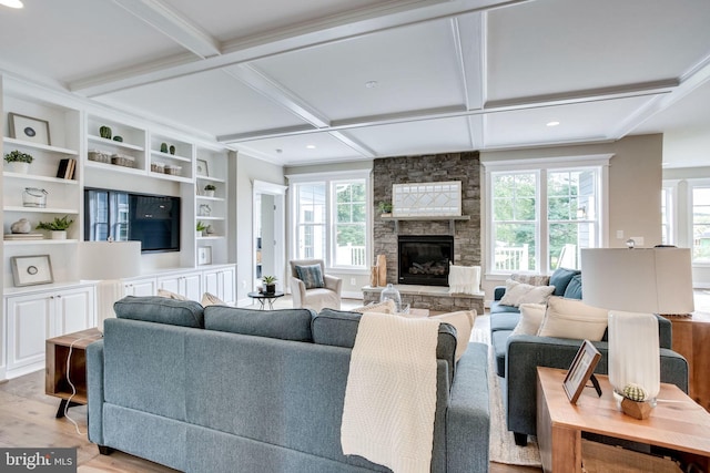 3919 Pineland St, Fairfax, VA 22031 - living room featuring beam ceiling, a fireplace, light wood-type flooring, recessed lighting, and coffered ceiling