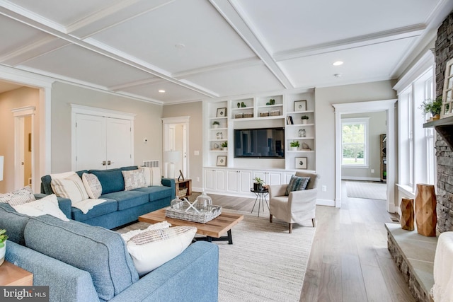 3919 Pineland St, Fairfax, VA 22031 - living room featuring beam ceiling, light wood-type flooring, a fireplace with raised hearth, recessed lighting, and coffered ceiling
