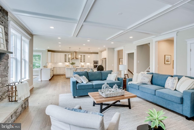3919 Pineland St, Fairfax, VA 22031 - living area featuring beam ceiling, light wood-style flooring, recessed lighting, stairway, and coffered ceiling