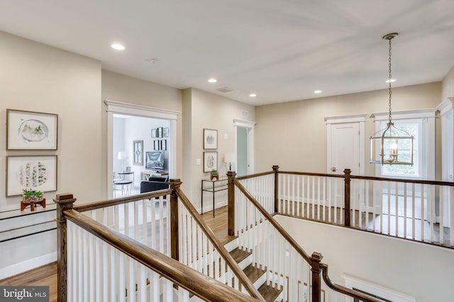 3919 Pineland St, Fairfax, VA 22031 - hallway with a chandelier, recessed lighting, baseboards, an upstairs landing, and wood finished floors
