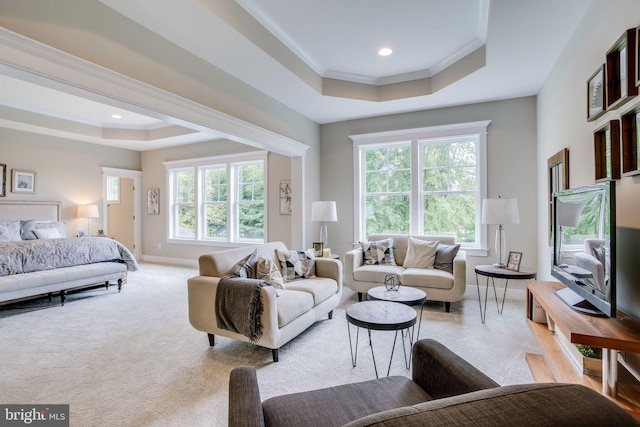 3919 Pineland St, Fairfax, VA 22031 - living area with crown molding, baseboards, a tray ceiling, and light colored carpet