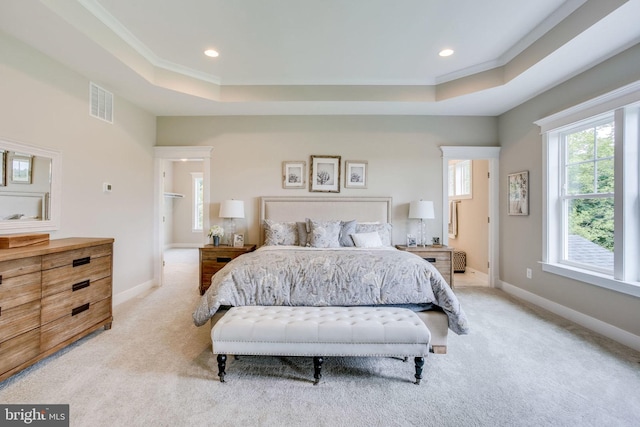 3919 Pineland St, Fairfax, VA 22031 - bedroom with visible vents, a raised ceiling, baseboards, light carpet, and recessed lighting