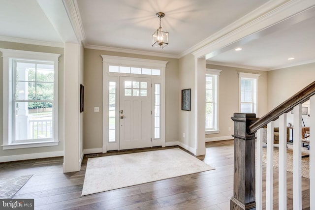3919 Pineland St, Fairfax, VA 22031 - entrance foyer featuring baseboards, a chandelier, ornamental molding, recessed lighting, and dark wood-type flooring