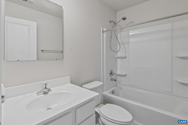 full bath with shower / bathtub combination, toilet, visible vents, and vanity