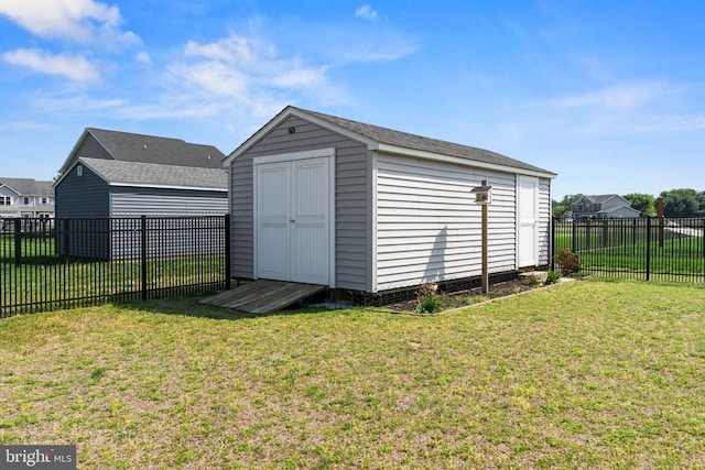 view of shed with a fenced backyard