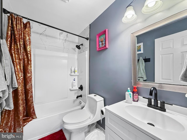 bathroom featuring vanity, toilet, and shower / bath combination with curtain