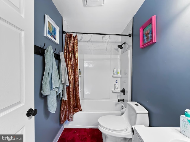 bathroom featuring toilet, shower / bath combination with curtain, and vanity