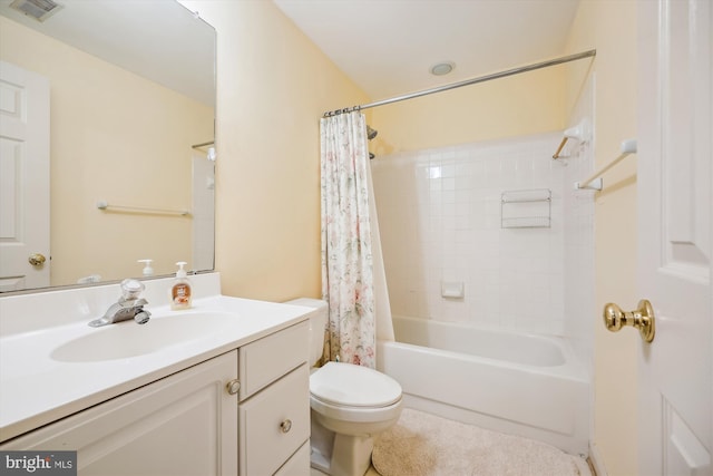 full bathroom with vanity, shower / bathtub combination with curtain, toilet, and visible vents