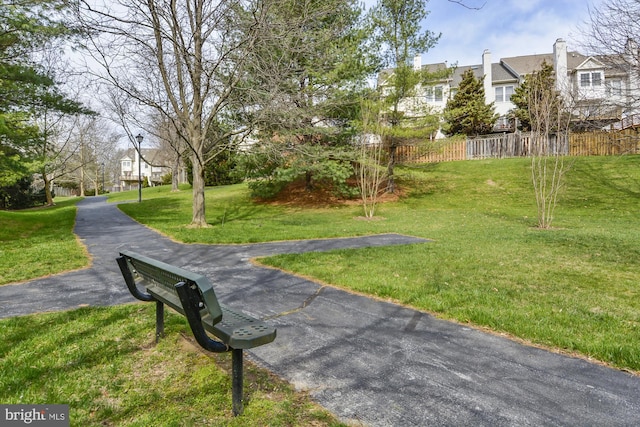 view of property's community featuring a lawn, fence, and a residential view