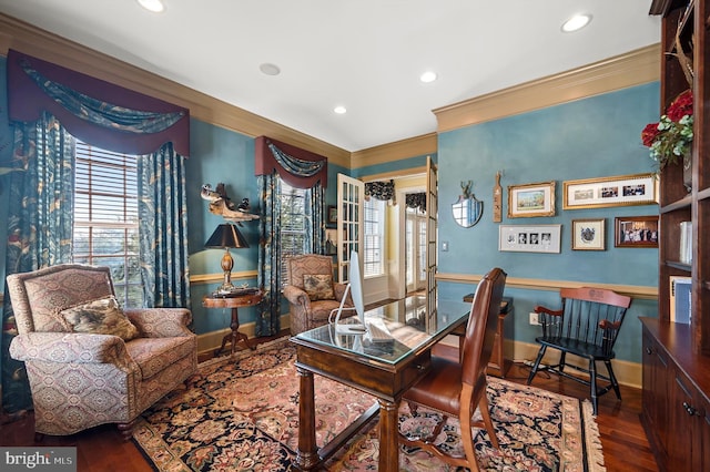 19326 Airwell Ct, Purcellville, VA 20132 - office featuring baseboards, ornamental molding, wood finished floors, and recessed lighting