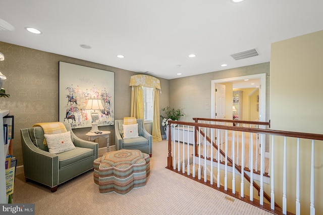 19326 Airwell Ct, Purcellville, VA 20132 - living area with recessed lighting, an upstairs landing, carpet, and visible vents