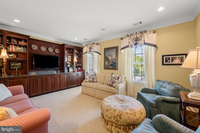 19326 Airwell Ct, Purcellville, VA 20132 - living room featuring crown molding, light colored carpet, recessed lighting, and visible vents