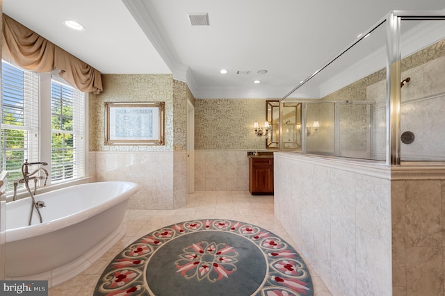 19326 Airwell Ct, Purcellville, VA 20132 - bathroom with visible vents, ornamental molding, tile walls, recessed lighting, and a stall shower