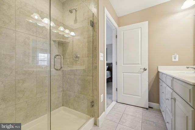 10723 Caledonia Meadow Dr, Manassas, VA 20112 - bathroom featuring a shower stall, vanity, baseboards, and tile patterned floors