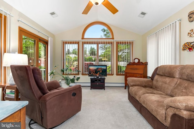 living room featuring a baseboard heating unit, ceiling fan, visible vents, vaulted ceiling, and light carpet
