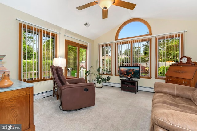 living room with visible vents, lofted ceiling, and baseboard heating