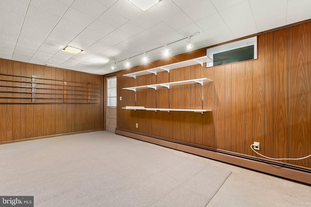 carpeted empty room featuring wooden walls, baseboard heating, and track lighting
