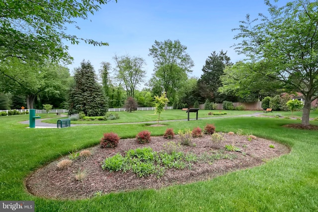 surrounding community with fence and a lawn