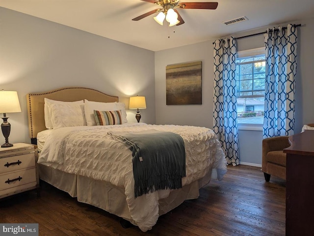 bedroom with a ceiling fan, baseboards, dark wood-type flooring, and visible vents