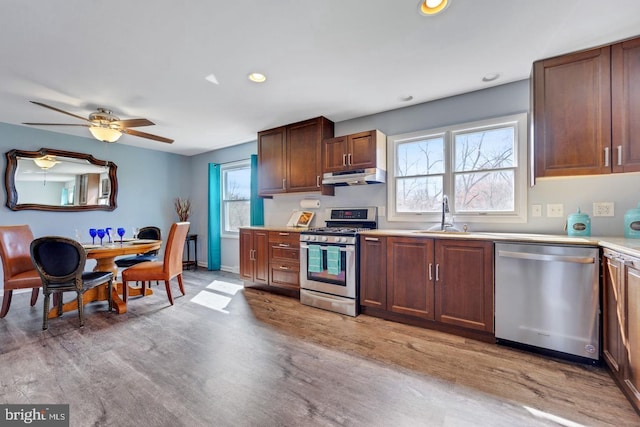 kitchen featuring a sink, stainless steel appliances, a healthy amount of sunlight, under cabinet range hood, and light wood-style floors