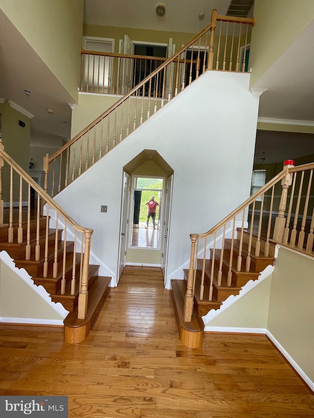 foyer entrance with baseboards, a towering ceiling, wood finished floors, and stairway