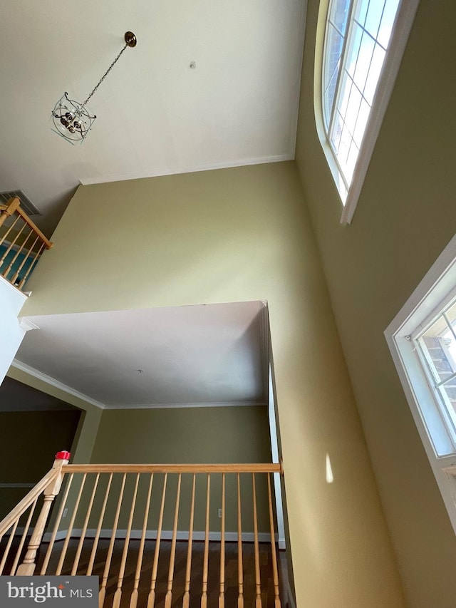 staircase featuring high vaulted ceiling