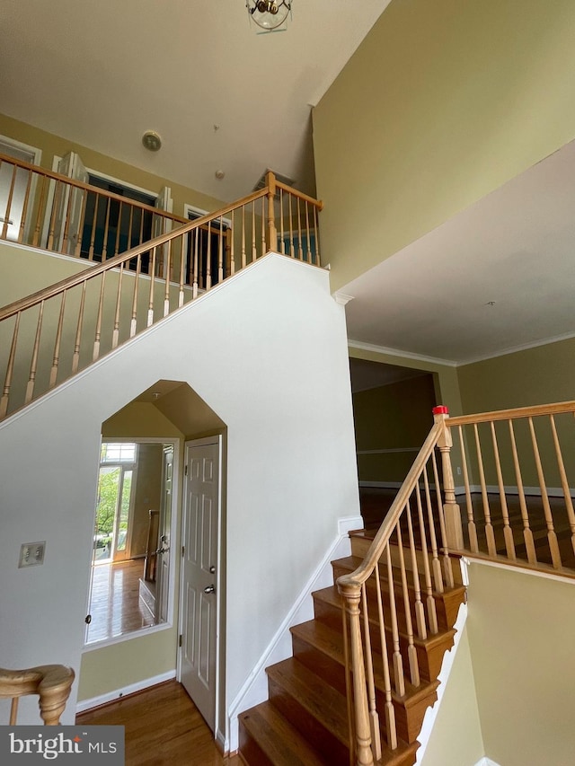 staircase with crown molding, a high ceiling, and wood finished floors