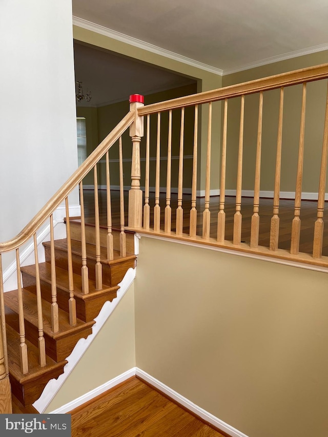 staircase with crown molding, baseboards, and wood finished floors