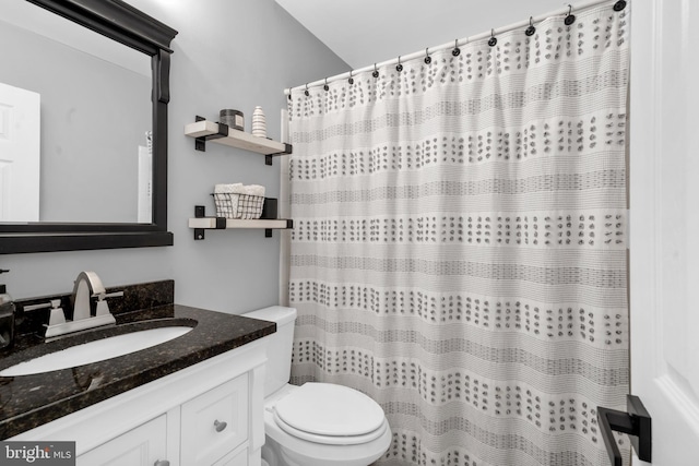bathroom featuring vanity, toilet, and curtained shower