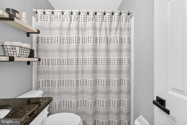 full bathroom featuring vanity, toilet, and a shower with shower curtain