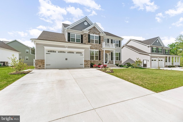 24083 Woodmore Dr, Hollywood, MD 20636 - craftsman house featuring a garage, a front lawn, a balcony, stone siding, and driveway
