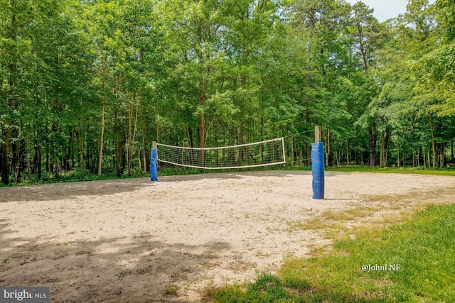 view of home's community featuring volleyball court and a forest view