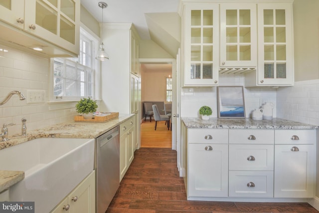 9709 W Bexhill Dr, Kensington, MD 20895 - kitchen featuring decorative backsplash, dark wood-style flooring, dishwasher, a sink, and glass insert cabinets