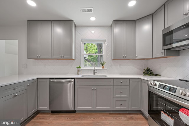 kitchen featuring a sink, gray cabinetry, stainless steel appliances, and visible vents