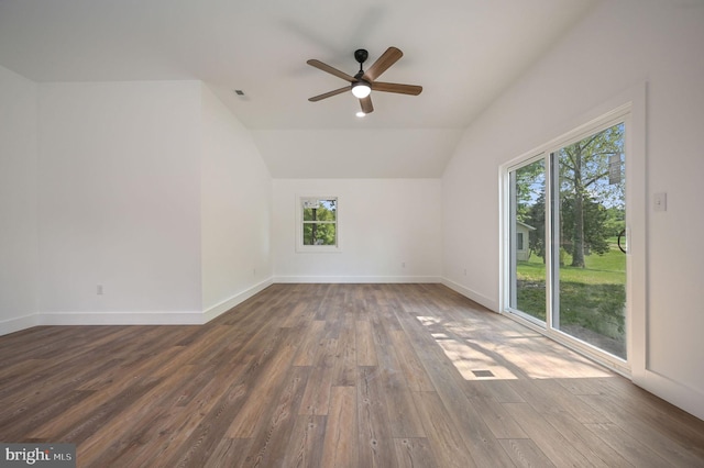 spare room featuring wood finished floors, lofted ceiling, and a wealth of natural light