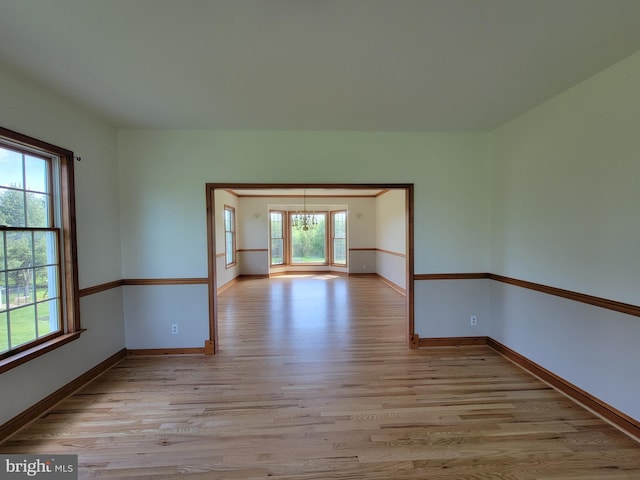 spare room with a healthy amount of sunlight, baseboards, and light wood finished floors