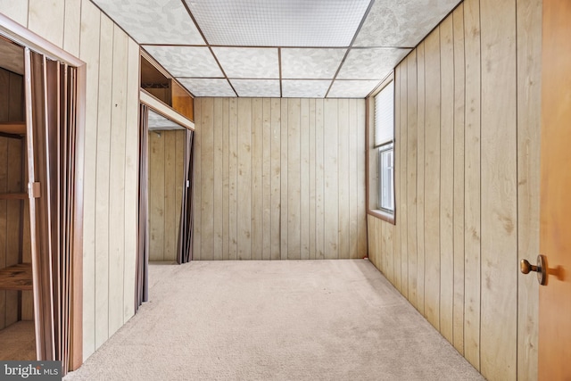 carpeted empty room featuring wooden walls