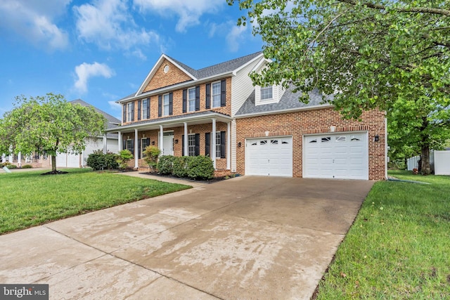 view of front of house with driveway, brick siding, a shingled roof, a front yard, and a porch