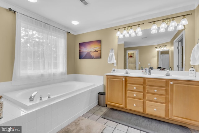 full bathroom with visible vents, a sink, a bath, tile patterned floors, and double vanity