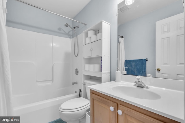 full bathroom featuring toilet, vanity, visible vents, and shower / bath combination with curtain