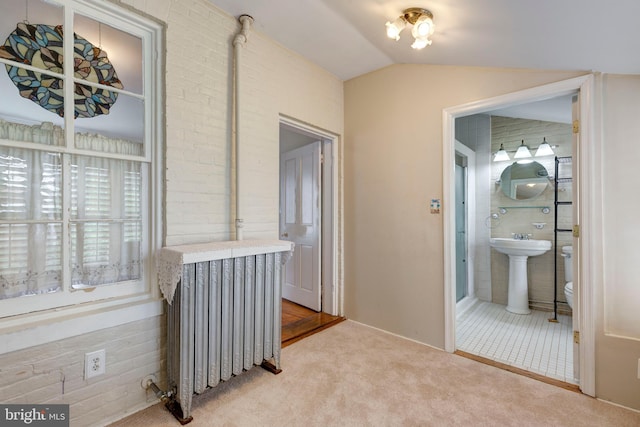 140 Pennsylvania Ave, Westminster, MD 21157 - hall featuring lofted ceiling, carpet flooring, and radiator heating unit