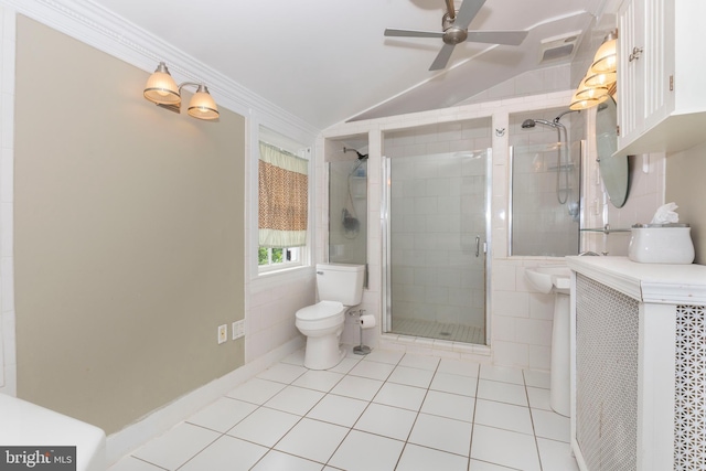 140 Pennsylvania Ave, Westminster, MD 21157 - full bath with a ceiling fan, lofted ceiling, a stall shower, and tile patterned flooring