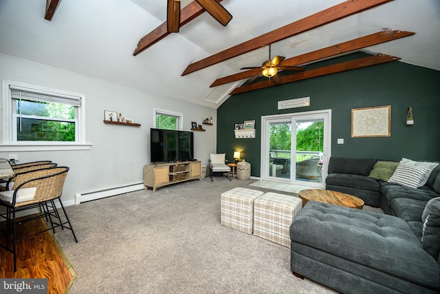 877 Salford Station Rd, Schwenksville, PA 19473 - carpeted living area with a baseboard heating unit, beamed ceiling, ceiling fan, healthy amount of natural light, and high vaulted ceiling