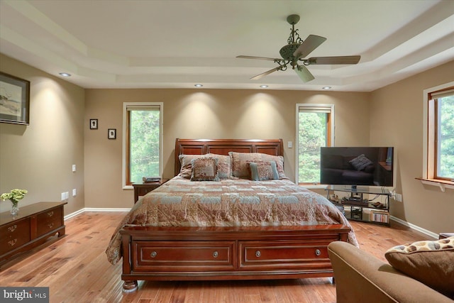 44 Banbury Rd, Hummelstown, PA 17036 - bedroom with a tray ceiling, light wood finished floors, baseboards, ceiling fan, and recessed lighting