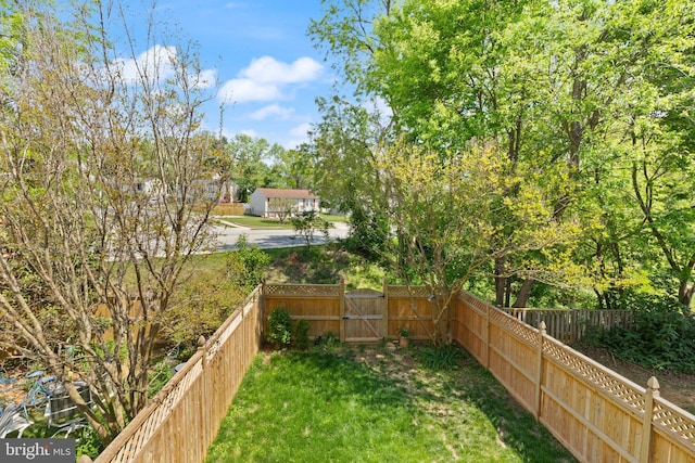 view of yard featuring a fenced backyard and a gate