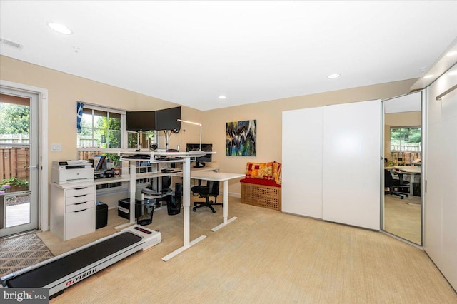 office area with light carpet and recessed lighting