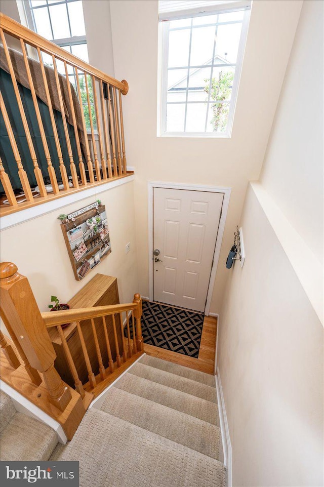staircase featuring a towering ceiling